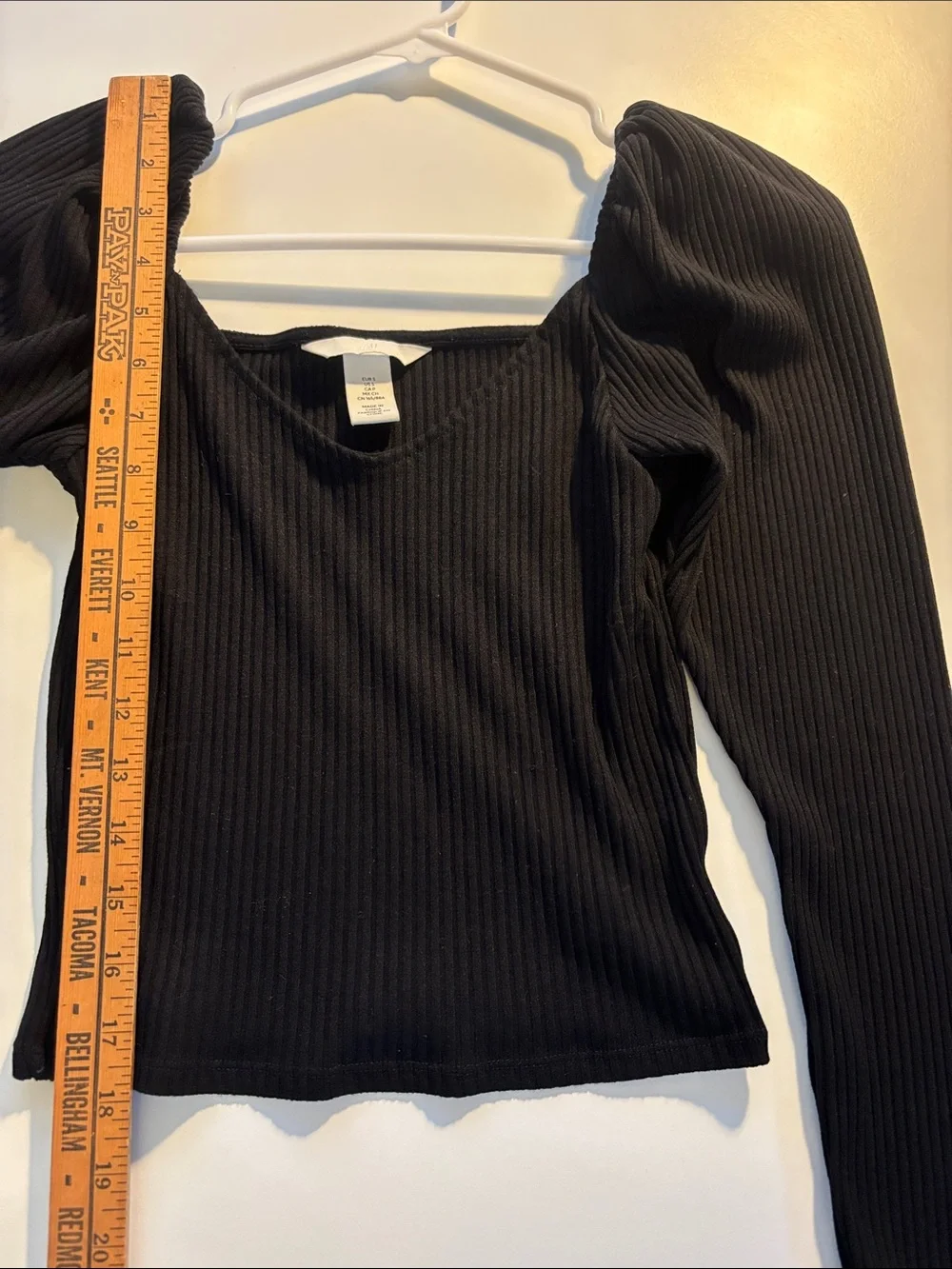 H&M Black Ribbed Puff-Shoulder Long Sleeve Top -769sku